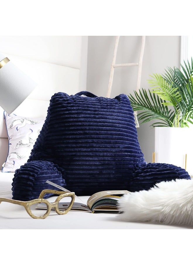 Clara Clark Reading Pillow for Bed Adult – Back Pillow for Sitting in Bed, Standard Plush Bed Pillows for Sitting Up in Bed, Shredded Foam Bed Chair Pillow with Arms and Pockets, Navy Bed Rest Pillow