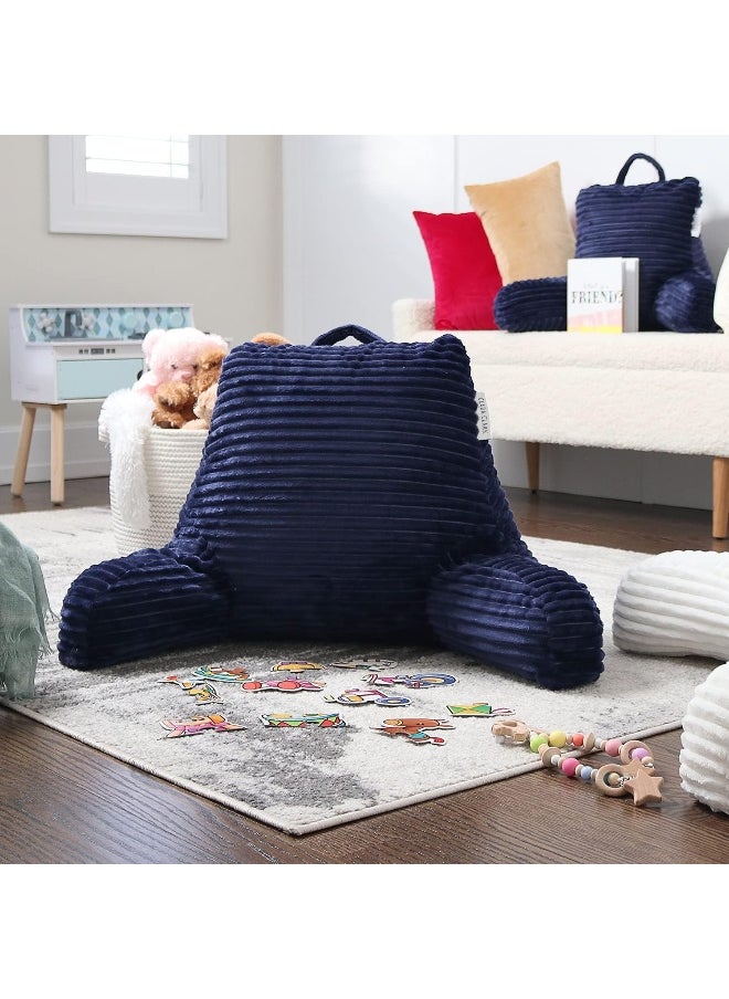 Clara Clark Reading Pillow for Bed Adult – Back Pillow for Sitting in Bed, Standard Plush Bed Pillows for Sitting Up in Bed, Shredded Foam Bed Chair Pillow with Arms and Pockets, Navy Bed Rest Pillow