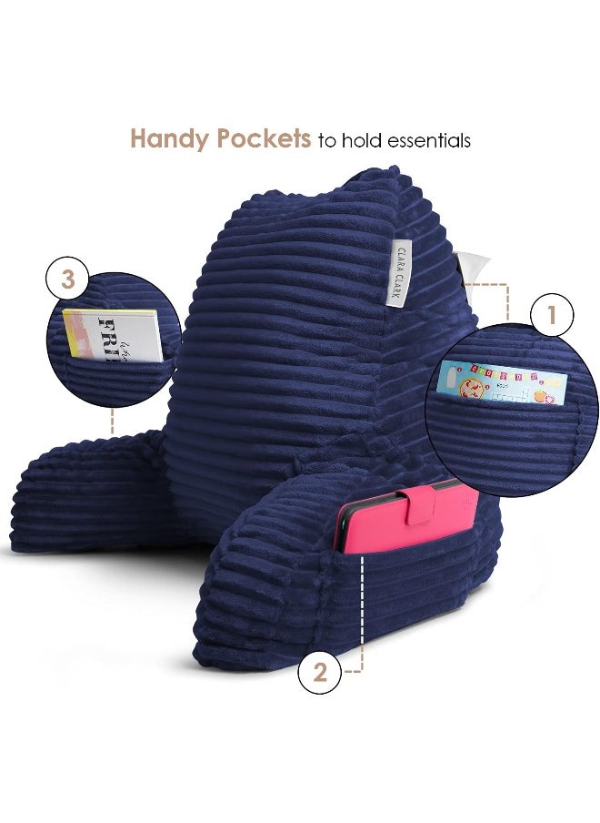 Clara Clark Reading Pillow for Bed Adult – Back Pillow for Sitting in Bed, Standard Plush Bed Pillows for Sitting Up in Bed, Shredded Foam Bed Chair Pillow with Arms and Pockets, Navy Bed Rest Pillow
