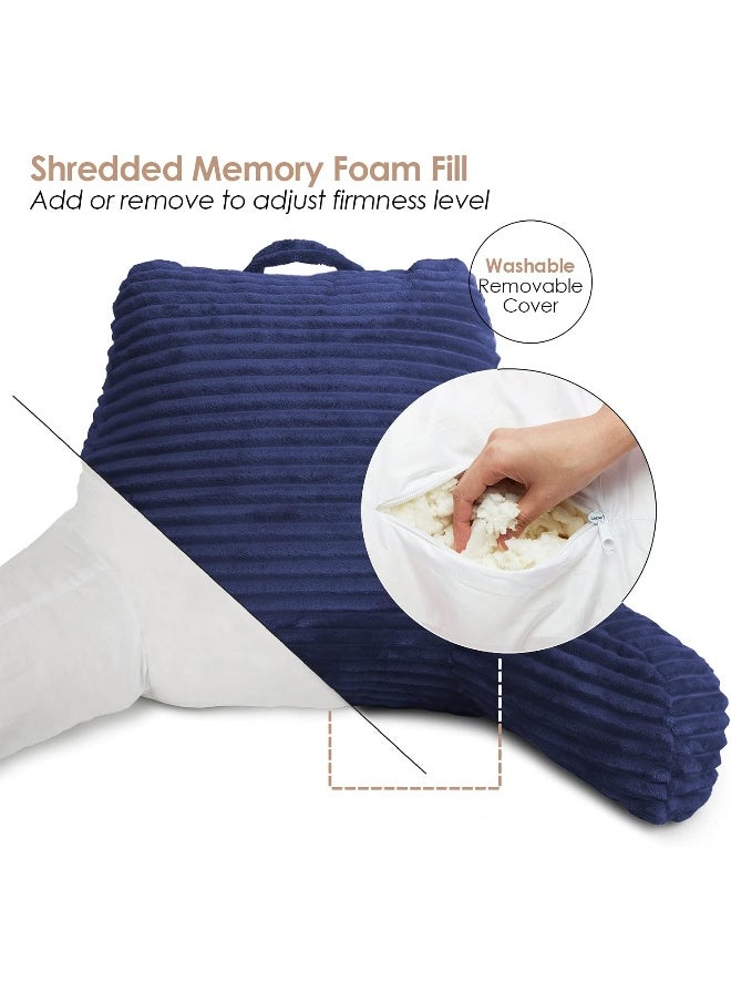 Clara Clark Reading Pillow for Bed Adult – Back Pillow for Sitting in Bed, Standard Plush Bed Pillows for Sitting Up in Bed, Shredded Foam Bed Chair Pillow with Arms and Pockets, Navy Bed Rest Pillow