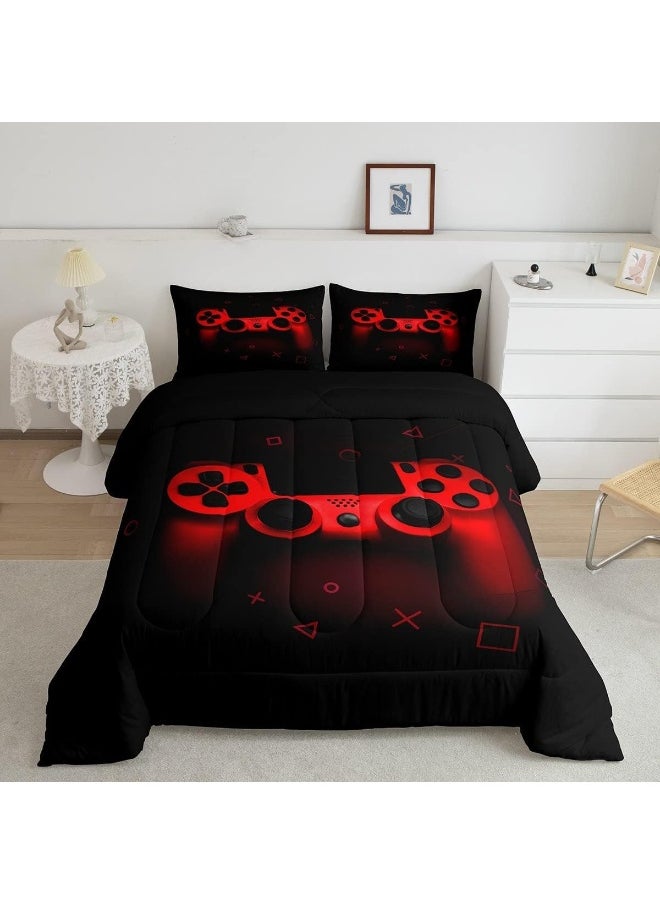 Boys Gamer Comforter Set Twin Size, Gamepad Bedding Set Kids Young Man Video Games Down Comforter for Teen Child Game Room Decor Black Red Classic Retro Gaming Quilted Duvet Set with Pillowcase