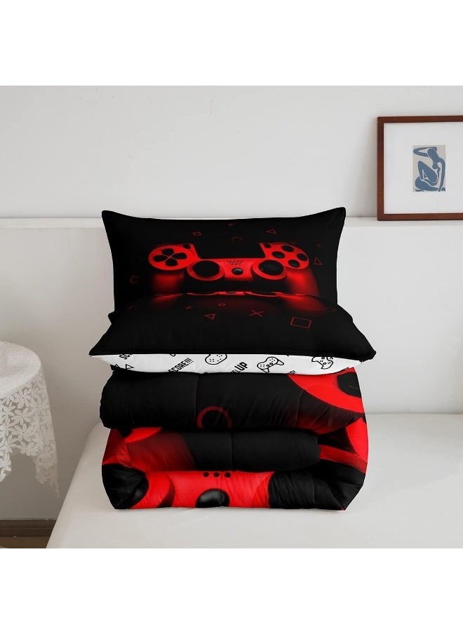 Boys Gamer Comforter Set Twin Size, Gamepad Bedding Set Kids Young Man Video Games Down Comforter for Teen Child Game Room Decor Black Red Classic Retro Gaming Quilted Duvet Set with Pillowcase