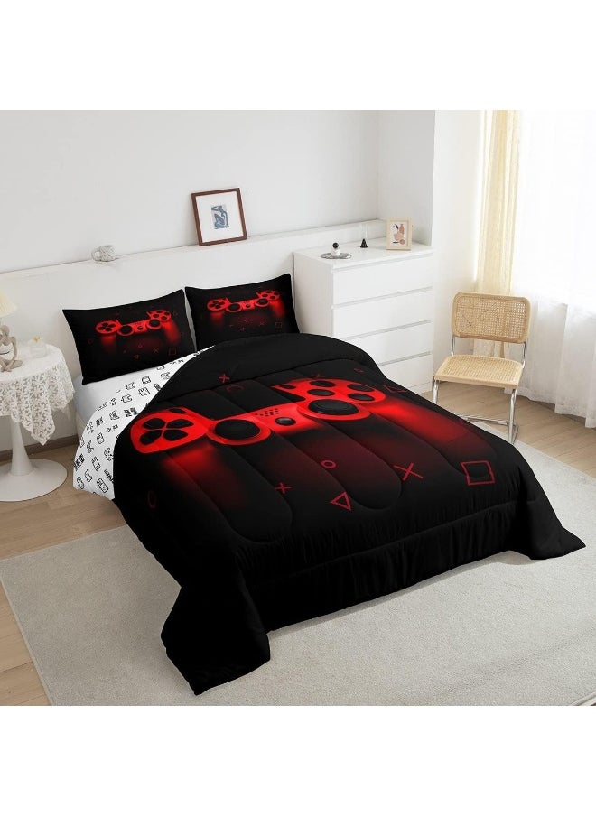 Boys Gamer Comforter Set Twin Size, Gamepad Bedding Set Kids Young Man Video Games Down Comforter for Teen Child Game Room Decor Black Red Classic Retro Gaming Quilted Duvet Set with Pillowcase