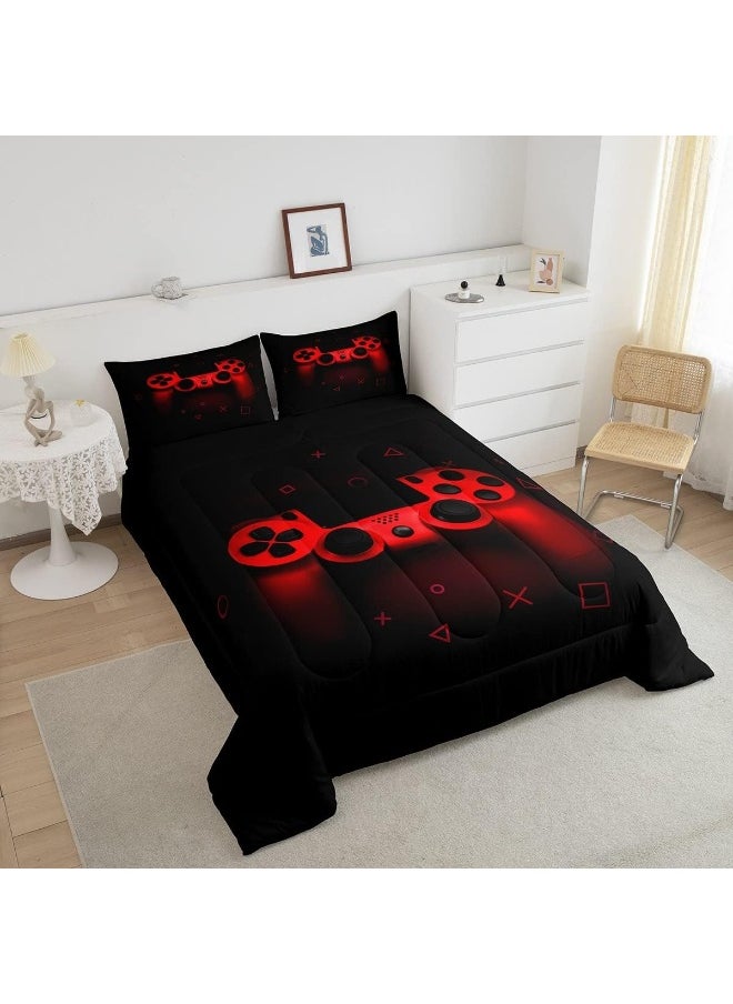 Boys Gamer Comforter Set Twin Size, Gamepad Bedding Set Kids Young Man Video Games Down Comforter for Teen Child Game Room Decor Black Red Classic Retro Gaming Quilted Duvet Set with Pillowcase