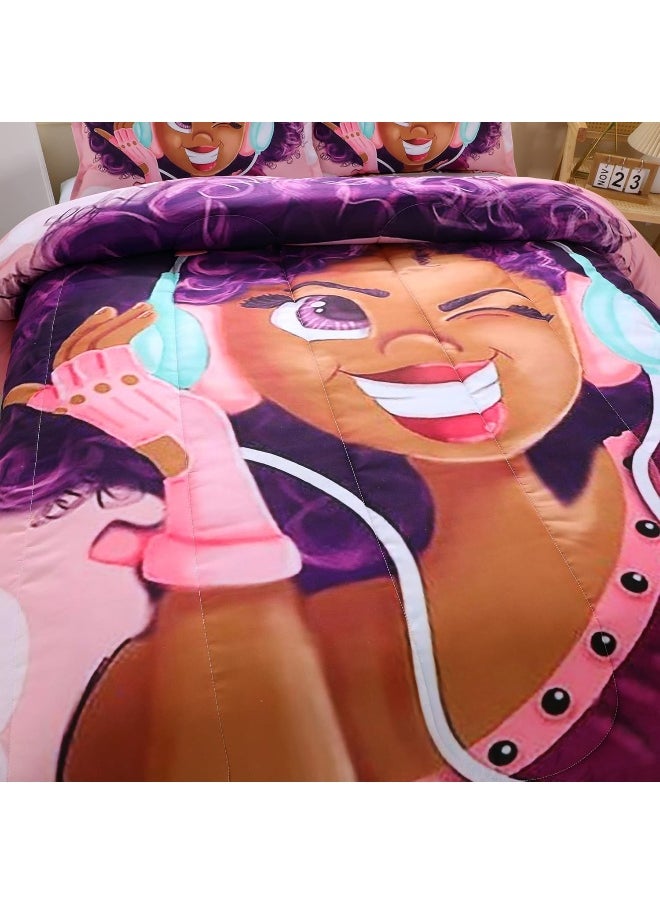 Suncloris African American Black Girl Comforter Set for Kids and Adults, Twin Size Girls Love Music Purple Hair Themed Bedding Comforter with 2 Afro Hair Magic Girls Pillowcases - 68