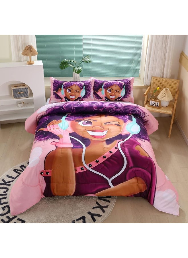 Suncloris African American Black Girl Comforter Set for Kids and Adults, Twin Size Girls Love Music Purple Hair Themed Bedding Comforter with 2 Afro Hair Magic Girls Pillowcases - 68