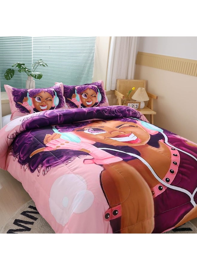 Suncloris African American Black Girl Comforter Set for Kids and Adults, Twin Size Girls Love Music Purple Hair Themed Bedding Comforter with 2 Afro Hair Magic Girls Pillowcases - 68