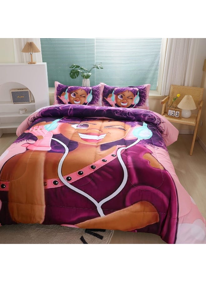 Suncloris African American Black Girl Comforter Set for Kids and Adults, Twin Size Girls Love Music Purple Hair Themed Bedding Comforter with 2 Afro Hair Magic Girls Pillowcases - 68