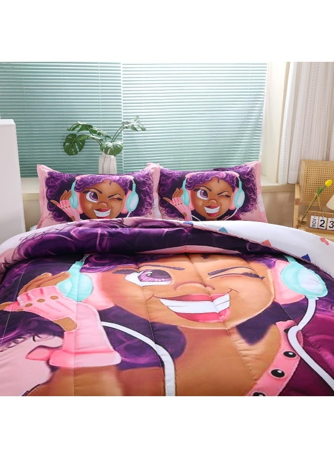 Suncloris African American Black Girl Comforter Set for Kids and Adults, Twin Size Girls Love Music Purple Hair Themed Bedding Comforter with 2 Afro Hair Magic Girls Pillowcases - 68