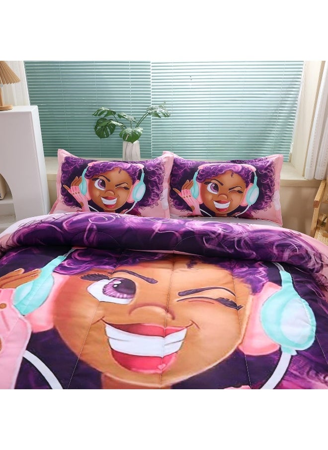 Suncloris African American Black Girl Comforter Set for Kids and Adults, Twin Size Girls Love Music Purple Hair Themed Bedding Comforter with 2 Afro Hair Magic Girls Pillowcases - 68