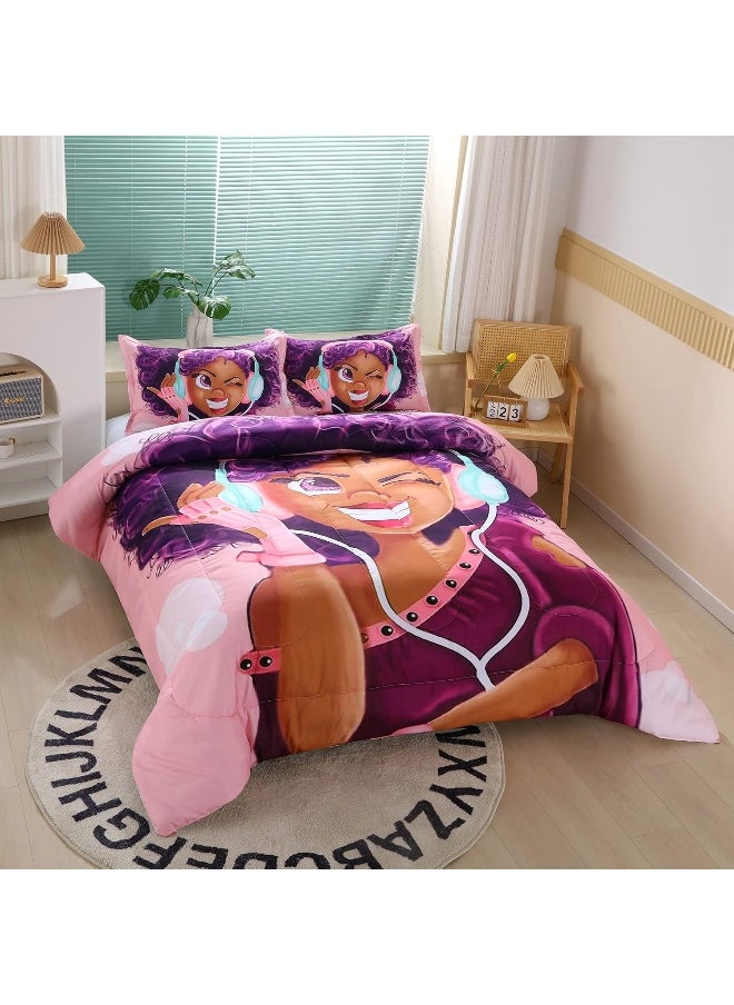 Suncloris African American Black Girl Comforter Set for Kids and Adults, Twin Size Girls Love Music Purple Hair Themed Bedding Comforter with 2 Afro Hair Magic Girls Pillowcases - 68