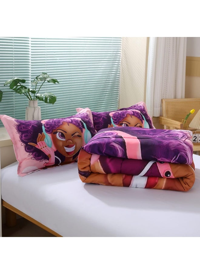 Suncloris African American Black Girl Comforter Set for Kids and Adults, Twin Size Girls Love Music Purple Hair Themed Bedding Comforter with 2 Afro Hair Magic Girls Pillowcases - 68