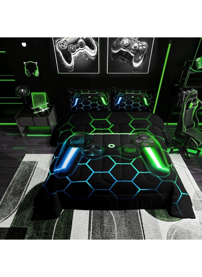 Gamer Comforter Sets for Boys Gaming Bedding Sets All Season, Glitter Geometric Honeycomb Hexagon Down Comforter Full Bedroom Decor, Neon Light Game Console Quilted Duvet + 2 Pillowcases, Blue Green