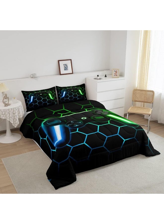 Gamer Comforter Sets for Boys Gaming Bedding Sets All Season, Glitter Geometric Honeycomb Hexagon Down Comforter Full Bedroom Decor, Neon Light Game Console Quilted Duvet + 2 Pillowcases, Blue Green