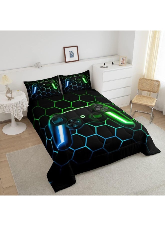 Gamer Comforter Sets for Boys Gaming Bedding Sets All Season, Glitter Geometric Honeycomb Hexagon Down Comforter Full Bedroom Decor, Neon Light Game Console Quilted Duvet + 2 Pillowcases, Blue Green