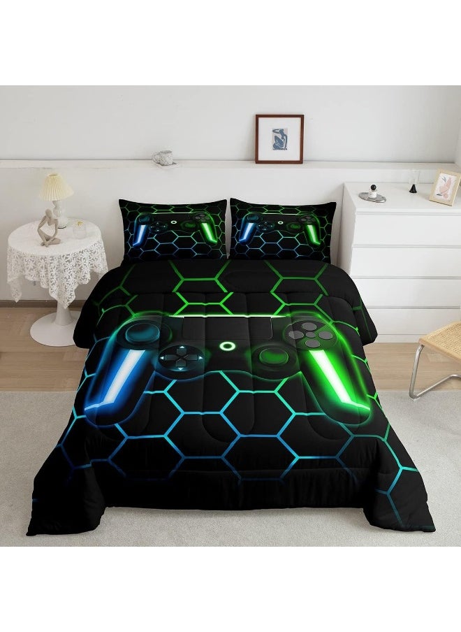 Gamer Comforter Sets for Boys Gaming Bedding Sets All Season, Glitter Geometric Honeycomb Hexagon Down Comforter Full Bedroom Decor, Neon Light Game Console Quilted Duvet + 2 Pillowcases, Blue Green