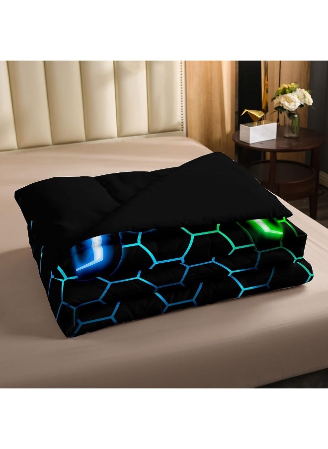 Gamer Comforter Sets for Boys Gaming Bedding Sets All Season, Glitter Geometric Honeycomb Hexagon Down Comforter Full Bedroom Decor, Neon Light Game Console Quilted Duvet + 2 Pillowcases, Blue Green