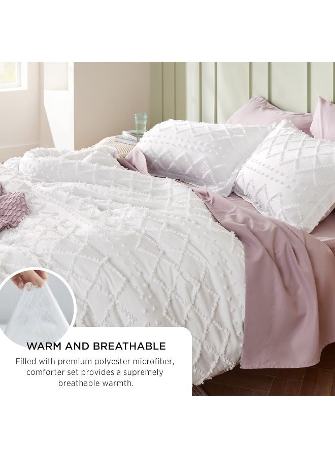 Bedsure Full Size Comforter Set - White Comforter, Boho Tufted Shabby Chic Bedding Comforter Set, 3 Pieces Vintage Farmhouse Bed Set for All Seasons, Fluffy Soft Bedding Set with 2 Pillow Shams