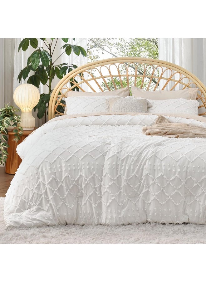 Bedsure Full Size Comforter Set - White Comforter, Boho Tufted Shabby Chic Bedding Comforter Set, 3 Pieces Vintage Farmhouse Bed Set for All Seasons, Fluffy Soft Bedding Set with 2 Pillow Shams