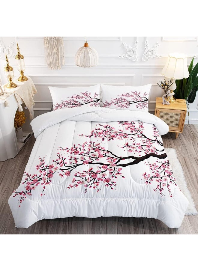 Romantic Asian Cherry Blossom Sakura Flower Branches Comforter Set for Girls Kids Teens, Twin Size Eastern Red Petal Floral Art Quilted Duvet with 2 Nature Plant Pillowcases - 68