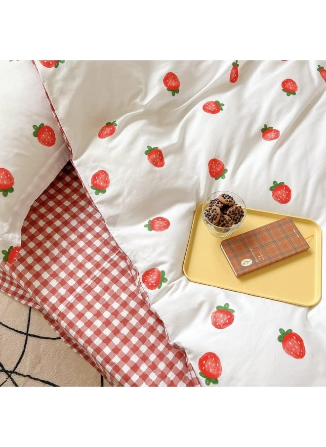 BlueBlue Strawberry Kids Duvet Cover Set Twin 100% Cotton Bedding for Boys Girls Teens Single Bed Cartoon Kawaii Red Strawberry Pattern 1 Fruit Comforter Cover 2 Pillowcase (Twin)