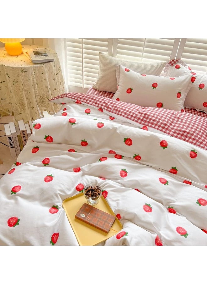 BlueBlue Strawberry Kids Duvet Cover Set Twin 100% Cotton Bedding for Boys Girls Teens Single Bed Cartoon Kawaii Red Strawberry Pattern 1 Fruit Comforter Cover 2 Pillowcase (Twin)