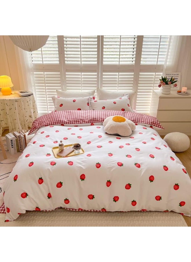 BlueBlue Strawberry Kids Duvet Cover Set Twin 100% Cotton Bedding for Boys Girls Teens Single Bed Cartoon Kawaii Red Strawberry Pattern 1 Fruit Comforter Cover 2 Pillowcase (Twin)