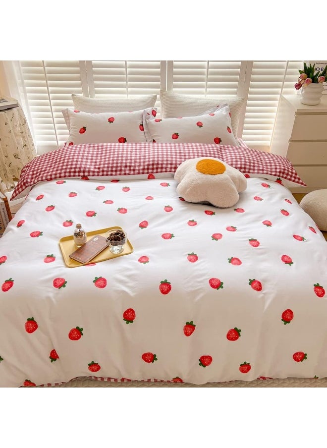 BlueBlue Strawberry Kids Duvet Cover Set Twin 100% Cotton Bedding for Boys Girls Teens Single Bed Cartoon Kawaii Red Strawberry Pattern 1 Fruit Comforter Cover 2 Pillowcase (Twin)