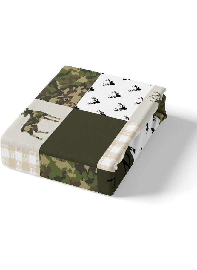 Homewish Camouflage Duvet Cover Set Queen Size Camo Comforter Cover Green and Beige Plaid Print Bedding Set 3pcs for Kids Boys Teens Room Decor, Animal Deer Antlers Quilt Cover with 2 Pillowcases