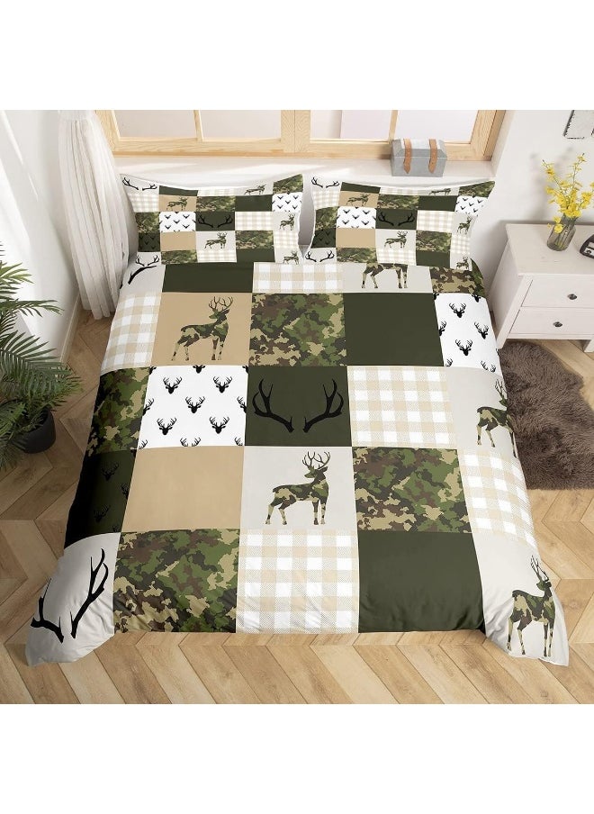 Homewish Camouflage Duvet Cover Set Queen Size Camo Comforter Cover Green and Beige Plaid Print Bedding Set 3pcs for Kids Boys Teens Room Decor, Animal Deer Antlers Quilt Cover with 2 Pillowcases
