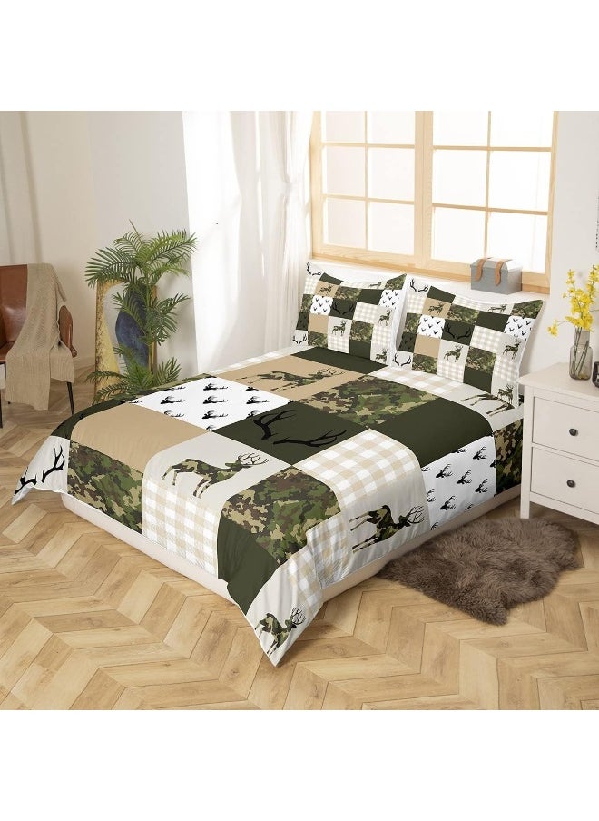 Homewish Camouflage Duvet Cover Set Queen Size Camo Comforter Cover Green and Beige Plaid Print Bedding Set 3pcs for Kids Boys Teens Room Decor, Animal Deer Antlers Quilt Cover with 2 Pillowcases