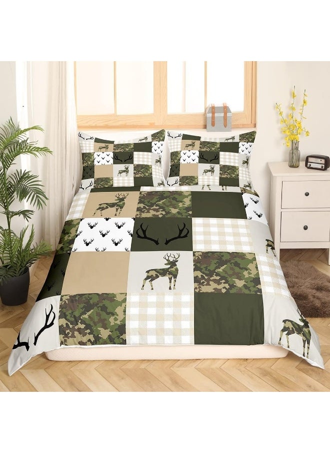 Homewish Camouflage Duvet Cover Set Queen Size Camo Comforter Cover Green and Beige Plaid Print Bedding Set 3pcs for Kids Boys Teens Room Decor, Animal Deer Antlers Quilt Cover with 2 Pillowcases