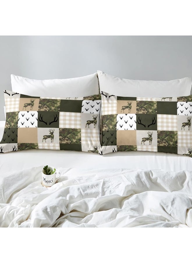 Homewish Camouflage Duvet Cover Set Queen Size Camo Comforter Cover Green and Beige Plaid Print Bedding Set 3pcs for Kids Boys Teens Room Decor, Animal Deer Antlers Quilt Cover with 2 Pillowcases