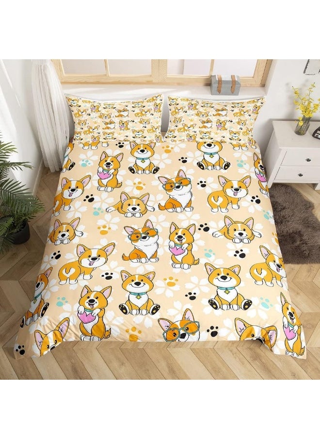 Homewish Cute Corgi Duvet Cover Set Twin Size, Smiling Dog Bedding Set 2pcs for Kids Teens Boys Room Decor, Cartoon Dog Paw Comforter Cover Kawaii Yellow Quilt Cover with 1 Pillowcase