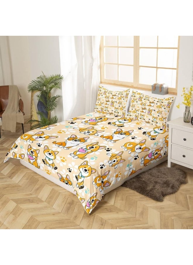 Homewish Cute Corgi Duvet Cover Set Twin Size, Smiling Dog Bedding Set 2pcs for Kids Teens Boys Room Decor, Cartoon Dog Paw Comforter Cover Kawaii Yellow Quilt Cover with 1 Pillowcase