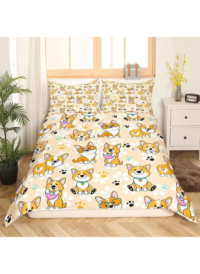 Homewish Cute Corgi Duvet Cover Set Twin Size, Smiling Dog Bedding Set 2pcs for Kids Teens Boys Room Decor, Cartoon Dog Paw Comforter Cover Kawaii Yellow Quilt Cover with 1 Pillowcase