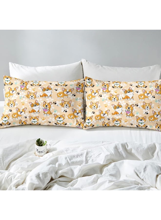 Homewish Cute Corgi Duvet Cover Set Twin Size, Smiling Dog Bedding Set 2pcs for Kids Teens Boys Room Decor, Cartoon Dog Paw Comforter Cover Kawaii Yellow Quilt Cover with 1 Pillowcase