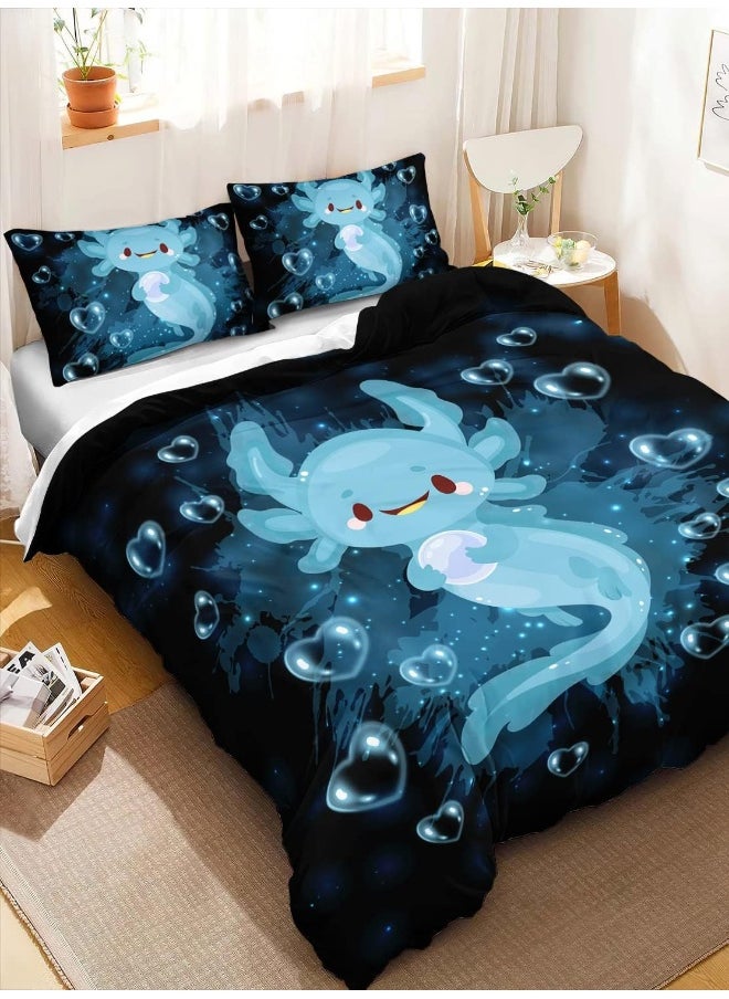 HOSIMA Axolotl Kawaii Bedding Set for Kids Bedroom Decor Blue Axolotl Cute Duvet Cover Set 3 Pieces 1 Duvet Cover with 2 Pillowcases（No Comforter）