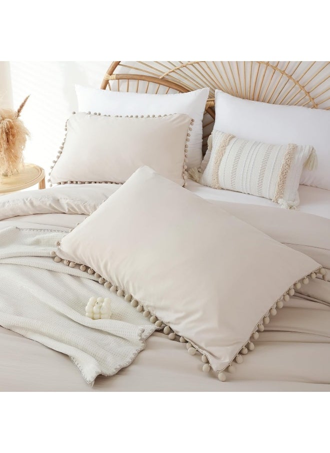 YIRDDEO Beige Queen Ball Pom Fringe Comforter Set 3pcs, Boho Beige Aesthetic Luxurious Queen Bedding Set 3 Pieces, Vintage Ultra Soft Microfiber Comforter Set