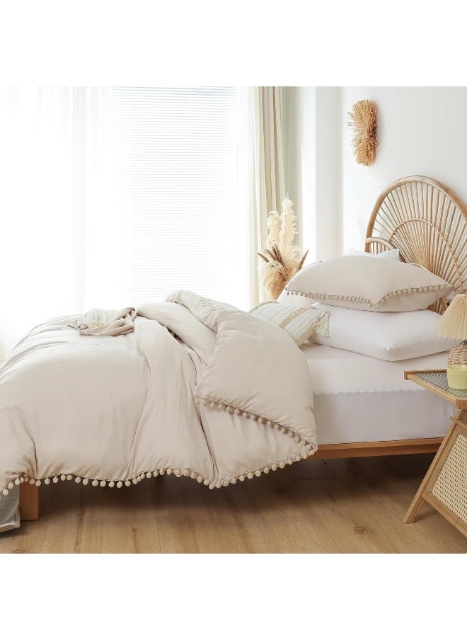 YIRDDEO Beige Queen Ball Pom Fringe Comforter Set 3pcs, Boho Beige Aesthetic Luxurious Queen Bedding Set 3 Pieces, Vintage Ultra Soft Microfiber Comforter Set