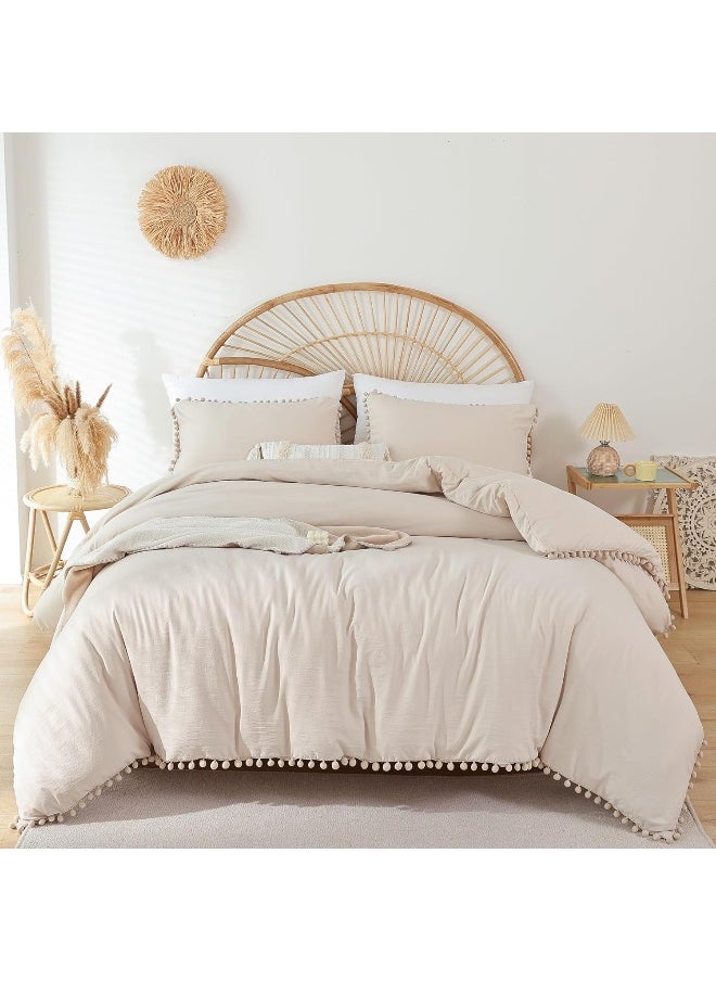 YIRDDEO Beige Queen Ball Pom Fringe Comforter Set 3pcs, Boho Beige Aesthetic Luxurious Queen Bedding Set 3 Pieces, Vintage Ultra Soft Microfiber Comforter Set