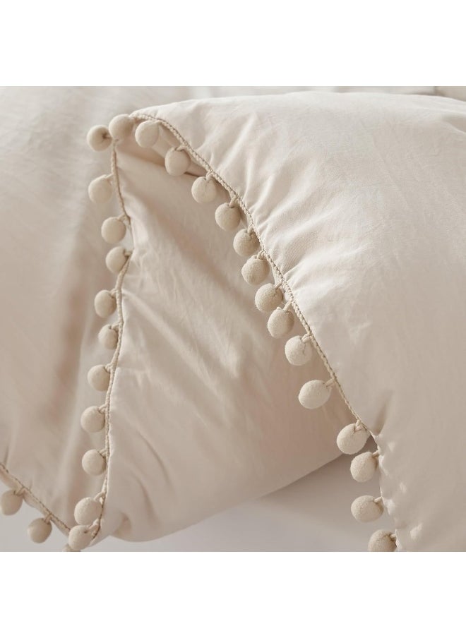 YIRDDEO Beige Queen Ball Pom Fringe Comforter Set 3pcs, Boho Beige Aesthetic Luxurious Queen Bedding Set 3 Pieces, Vintage Ultra Soft Microfiber Comforter Set