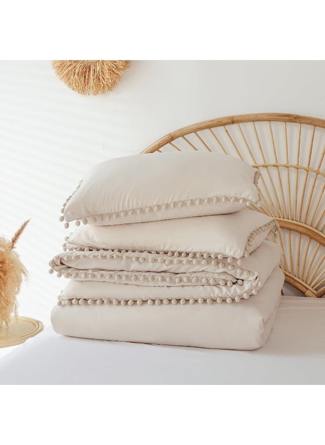 YIRDDEO Beige Queen Ball Pom Fringe Comforter Set 3pcs, Boho Beige Aesthetic Luxurious Queen Bedding Set 3 Pieces, Vintage Ultra Soft Microfiber Comforter Set