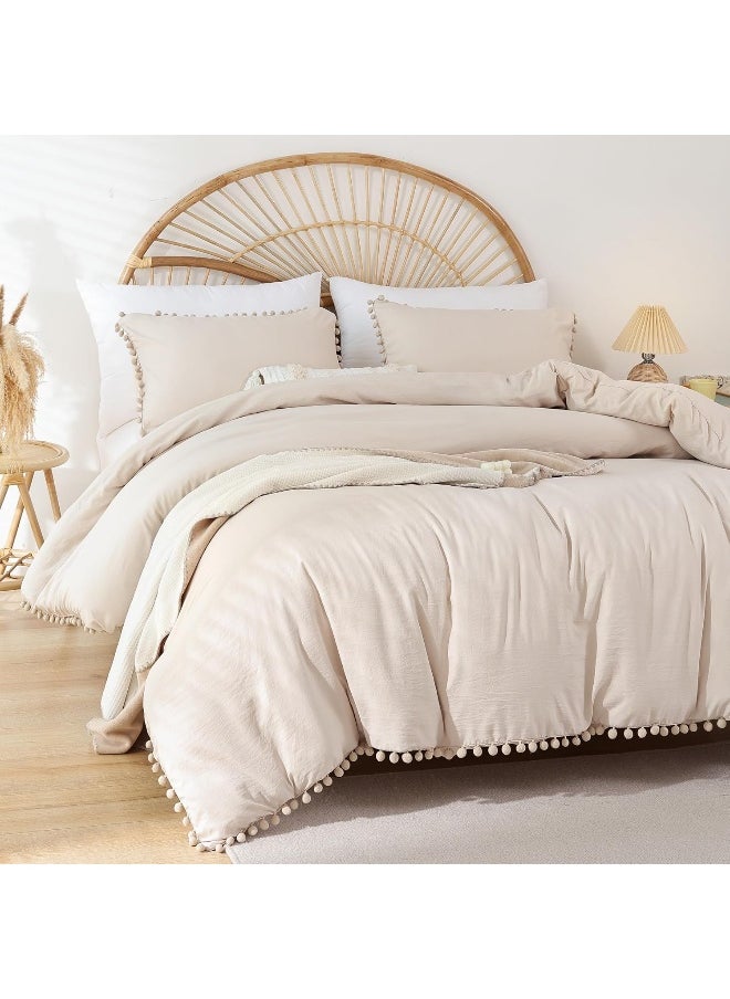 YIRDDEO Beige Queen Ball Pom Fringe Comforter Set 3pcs, Boho Beige Aesthetic Luxurious Queen Bedding Set 3 Pieces, Vintage Ultra Soft Microfiber Comforter Set