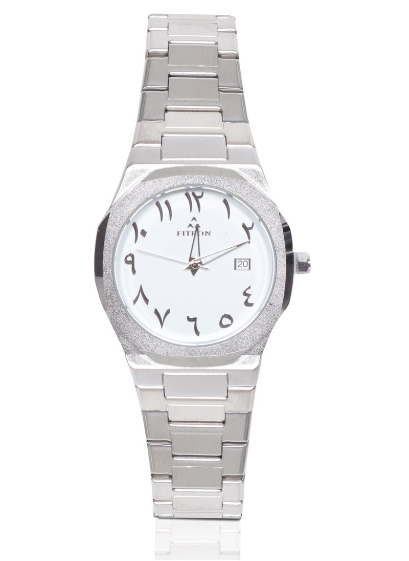 Fitron Men's Silver Wrist Watch with Date and White Dial with Arabic Numbers