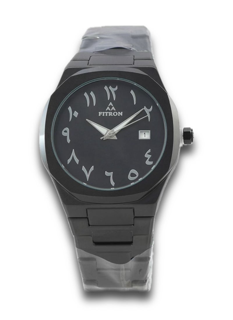 Fitron Men's Full Black Wrist Watch with Date and Black Dial with Arabic Numbers
