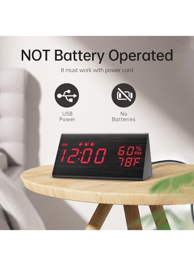 JALL Digital Alarm Clock, with Wooden Electronic LED Time Display, 3 Alarm Settings, Humidity & Temperature Detect, Wood Made Electric Clocks for Bedroom, Bedside, Red Digit Display