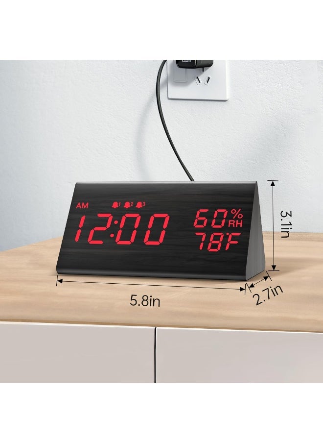JALL Digital Alarm Clock, with Wooden Electronic LED Time Display, 3 Alarm Settings, Humidity & Temperature Detect, Wood Made Electric Clocks for Bedroom, Bedside, Red Digit Display