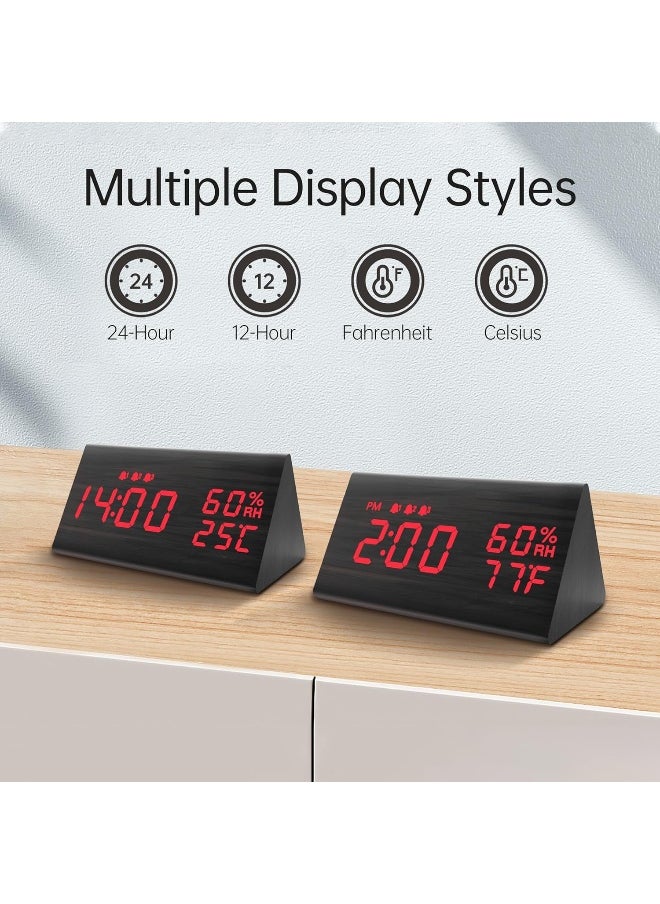 JALL Digital Alarm Clock, with Wooden Electronic LED Time Display, 3 Alarm Settings, Humidity & Temperature Detect, Wood Made Electric Clocks for Bedroom, Bedside, Red Digit Display