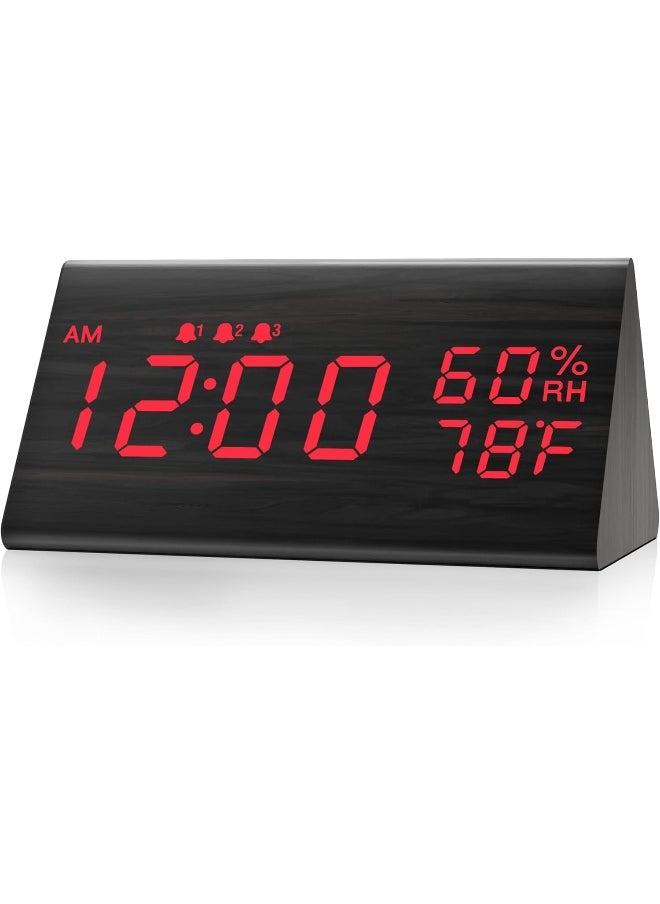 JALL Digital Alarm Clock, with Wooden Electronic LED Time Display, 3 Alarm Settings, Humidity & Temperature Detect, Wood Made Electric Clocks for Bedroom, Bedside, Red Digit Display